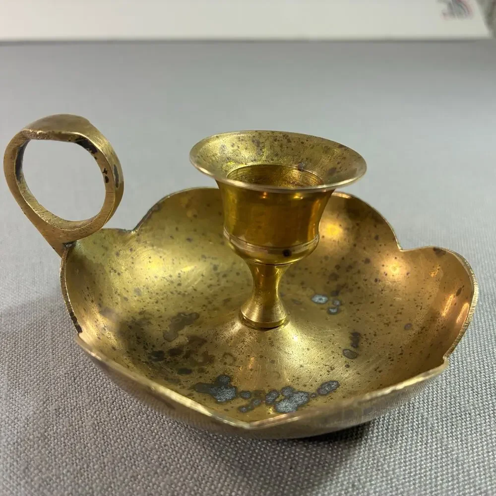 Vintage Solid Brass Chamberstick Finger Loop Candle Holder Scalloped Drip Tray